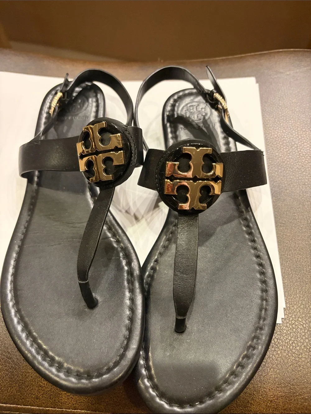 Tory Burch Black Leather Sandals with Gold Logo Medallions
